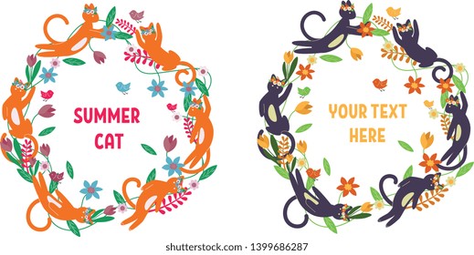 Cute and funny vector floral round frame with cat and birds. Plant circle badge and emblem. Summer and spring wreath