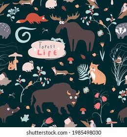 Cute funny vector forest animals seamless texture