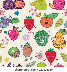 Cute Funny vector Fruit seamless pattern. 