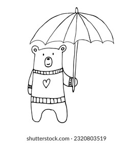 Cute funny vector hand drawn bear in warm sweater with heart holding umbrella.Isolated on white.Line art 