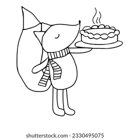 Cute funny vector hand drawn little fox holding hot cooked pie.Isolated on white.Line art minimalistic black and white illustration 