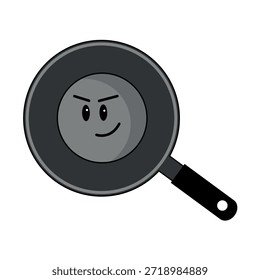 Eine süße und lustige Vektorgrafik einer Cartoon-Antihaft-Teflon-Bratpfanne mit einem verspielten Gesichtsausdruck, perfekt für Küchendesigns oder kulinarische Projekte.