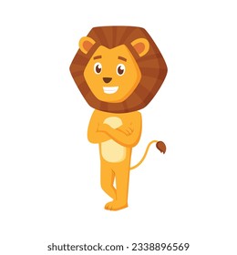 Cute Funny Vector Illustration Of Friendly Lion Standing Cross Arms.