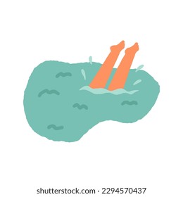 Cute and funny vector illustration of the person swimming, diving in the sea. The legs of a recently dived woman or man stick out of the lake or ocean water. A Scuba diver makes splashes.