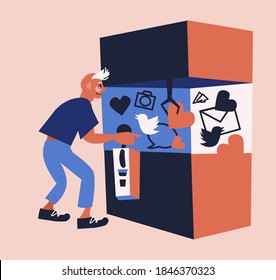 Cute funny vector illustration of young teenager obsessed with social media. Man plays on claw crane toy machine and uses joystick to get likes and hearts on popular messengers and feeds online