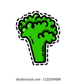 Cute funny vector illustrations of broccoli. Green vegetable on white background in doodle cartoon style suitable for fashion patch, badges, stickers, prints, menu.