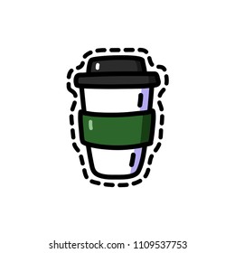 Cute funny vector illustrations of disposable coffee cup with espresso, cappuccino, latte, mocha, match. Coffee cup line badge or sticker on white background in doodle cartoon style