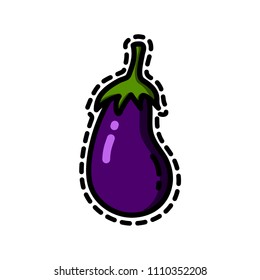 Cute funny vector illustrations of a purple eggplant on white background in doodle cartoon style suitable for cool fashion patch, badge or sticker, menu, prints