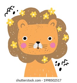 Cute funny vector lion hand drawn illustration with tropical yellow flowers in a mane. Ready greeting card template.