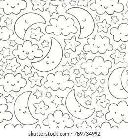 Cute, funny vector pattern with smiling moon, stars and clouds. Hand drawn linear night sky seamless background. 