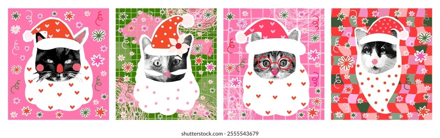 Cute funny vector Santa Claus cat heads, fun kitty faces with Christmas hats, halftone collage posters, greeting cards, banners