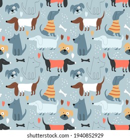 cute funny vector seamless pattern with hand drawn difference dogs and bones, naive childish ornament. pattern for printing on fabric, clothing, wrapping paper, wallpaper for a kid's room, baby things