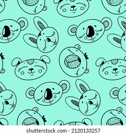 Cute funny vector seamless pattern with hand drawn cute animal faces koala, bear, hare, dog. Pattern for printing on fabric, clothes, wrapping paper, wallpaper for a children's room, children's things