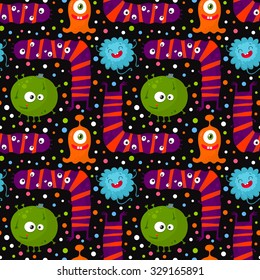 Cute funny vector seamless pattern with bright monsters on dark background, Halloween theme background