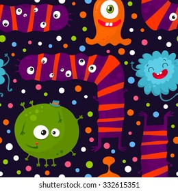 Cute funny vector seamless pattern with bright monsters on dark background, Halloween theme