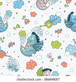 Cute funny vector seamless pattern. doodle baby shower cards, brochures, invitations animals, star, dragons, dinosaur, diamonds, cloud, rain drops, flowers. Cartoon  background. Child wallpaper.