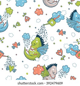 Cute funny vector seamless pattern. hand drawn doodle baby shower cards,  invitations with star,  dragons, dinosaur, diamonds, cloud,drops, flowers. Cartoon background. Child wallpaper decoration.