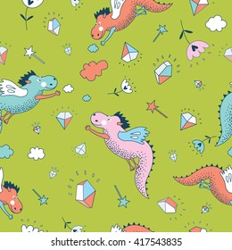 Cute  funny vector  seamless pattern.  hand drawn doodle design baby shower cards, invitations with  animals, star, dragons, dinosaur, diamonds, Cartoon animals background. Child wallpaper decoration.