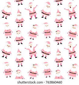 Cute and funny vector seamless pattern with Santa Claus characters in pink color on white background for gift wrapping paper and textile