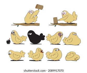 Un divertido conjunto de vectores, una colección de pájaros personajes luchando enojados y heridos. Ilustración vectorial de estilo caricatura aislada en fondo blanco.