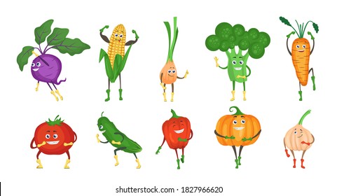 Cute and funny vegetable character set, flat vector illustration. Happy cartoon kohlrabi, broccoli, sweet corn, onion, carrot, tomato, cucumber, pumpkin, garlic, red pepper with faces. Healthy food.