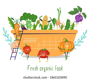 Cute funny vegetable characters in salad bowl, flat vector illustration. Happy kohlrabi, broccoli, sweet corn, onion, carrot, tomato, cucumber, pumpkin, garlic, pepper with faces. Fresh organic food.