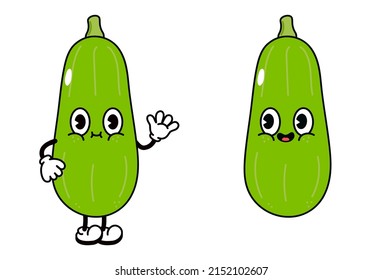 Cute funny vegetable marrow character. Vector hand drawn traditional cartoon vintage, kawaii character illustration. Isolated white background. Happy vegetable marrow character concept