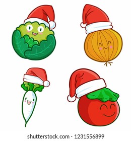 Cute and funny vegetables set wearing Santa's hat for christmas - vector