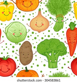 Cute funny vegetables vector seamless pattern