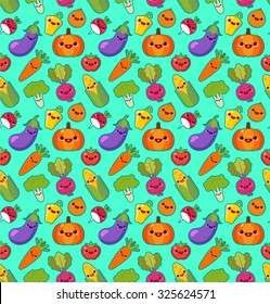 Cute funny vegetables vector seamless pattern. Bright vegetables on blue background. Can be used for textile, wallpaper, wrapping.