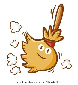 Cute and funny vintage broom sweeping the floor and smiling happily - vector.