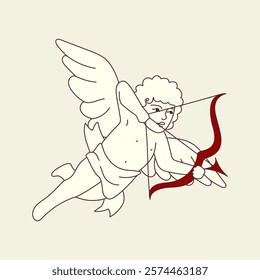 Cute funny vintage cupid, Valentine's day cherub flying and shooting with arch bow, arrow, romantic love. Happy boy angel, baby character. Flat vector illustration isolated 