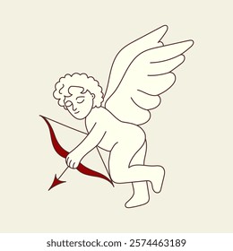 Cute funny vintage cupid, Valentine's day cherub flying and shooting with arch bow, arrow, romantic love. Happy boy angel, baby character. Flat vector illustration isolated 