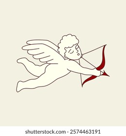 Cute funny vintage cupid, Valentine's day cherub flying and shooting with arch bow, arrow, romantic love. Happy boy angel, baby character. Flat vector illustration isolated 