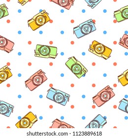 Cute and funny vintage hand drawn photo cameras seamless pattern vector