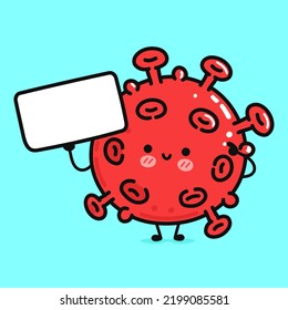 Un divertido virus lindo con afiche. Caricatura dibujada a mano del vector icono de ilustración del personaje kawaii. Aislado sobre fondo azul. Concepto de virus feliz