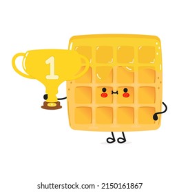 Cute funny wafer hold gold trophy cup.Vector hand drawn cartoon kawaii character illustration icon.Isolated white background. Waffles with winner trophy cup,emoji,child,face,adorable,cartoon,doodle