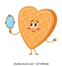 Cute And Funny Waffle, Wafer Character Looking Into Handheld Mirror, Cartoon Vector Illustration Isolated On White Background. Funny Smiling Heart-shaped Wafer Character With Face, Arms And Legs