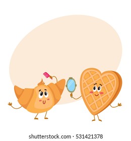 Cute and funny waffle, wafer and croissant characters doing morning rituals, cartoon vector illustration on background with place for text. Funny smiling heart-shaped wafer and croissant characters