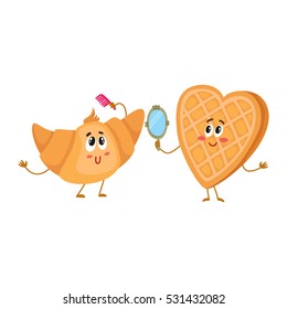 Cute and funny waffle, wafer and croissant characters doing morning rituals, cartoon vector illustration isolated on white background. Funny smiling heart-shaped wafer and croissant characters