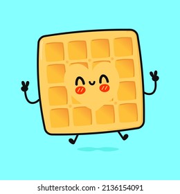 Cute funny waffles character. Vector hand drawn cartoon kawaii character illustration icon. Isolated blue background. Waffles character concept emoji,child, adorable,kids,waffles,food,eat,emoji