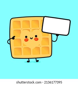 Curiosos gofres con afiche. Caricatura dibujada a mano del vector icono de ilustración del personaje kawaii. Aislado sobre fondo azul. Waffles piensan en el concepto de emoji, niño, bebé, adorable, niños, comida, comer