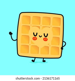 Cute funny waffles waving hand character. Vector hand drawn cartoon kawaii character illustration icon. Isolated blue background. waffles character concept emoji,child,adorable,kids, waffles,food,eat