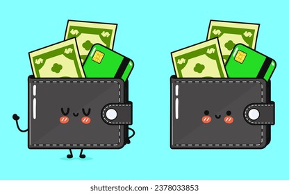 Cute funny Wallet with money and credit card. Vector hand drawn cartoon kawaii character illustration icon. Isolated on blue background. Wallet with money and credit card character concept