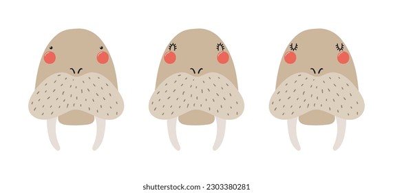 Cute funny walrus faces illustrations set. Hand drawn cartoon character. Scandinavian style flat design, isolated vector. Kids print element, poster, card, wildlife, nature, baby animals