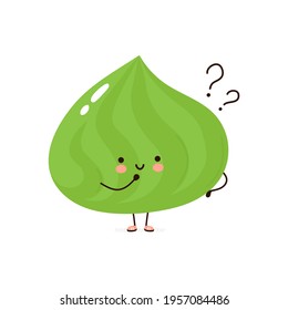Guasabi divertido con signos de interrogación. Dibujo manual del vector caricatura kawaii personaje icono de ilustración simple. Aislado sobre fondo blanco. Concepto de personaje de caricatura de Wasabi