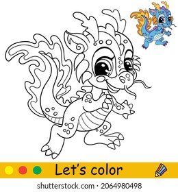 Cute funny water dragon  Coloring book page and colorful template for kids  Vector cartoon illustration  Freehand sketch drawing  For coloring  print  game  education  party  design  decor
