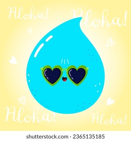 Cute funny Water drop character. Vector hand drawn cartoon kawaii character illustration icon. Isolated on yellow background. Happy Water drop character concept. Aloha card