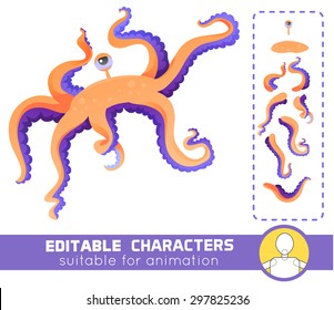 Cute and funny water monster with one eye and many tentacles. Neutral or positive editable character. Suitable for animation, video and games.You can change color, position of body parts and size