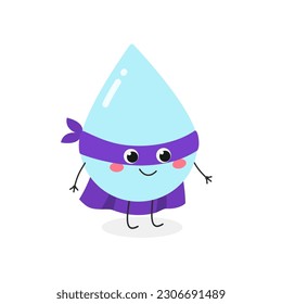 Cute funny waterdrop Superhero cartoon character. Vector flat illustration isolated on white background